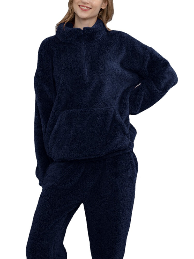 Women's Plush Fluffy Pajama Set with Kangaroo Pocket Pullover & Jogger Pants