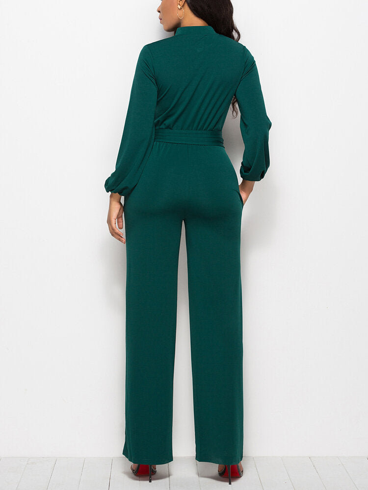 Women Solid Color Long Sleeve Waist Belt Stand Collar Plus Size Jumpsuit