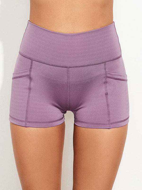 Solid Color Stitching High Waisted Stretch Running Yoga Pocket Short Leggings For Women