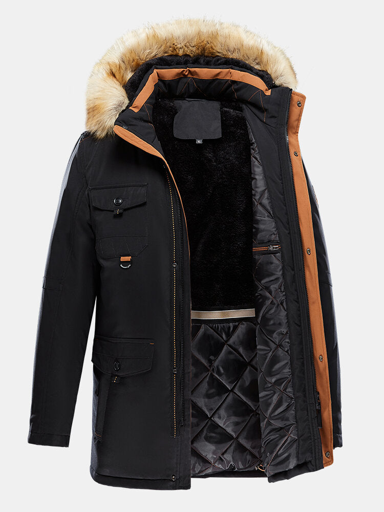 Mens Thicken Multi Pocket Faux Fur Collar Hooded Windproof Warm Mid-Length Coats Secondary image