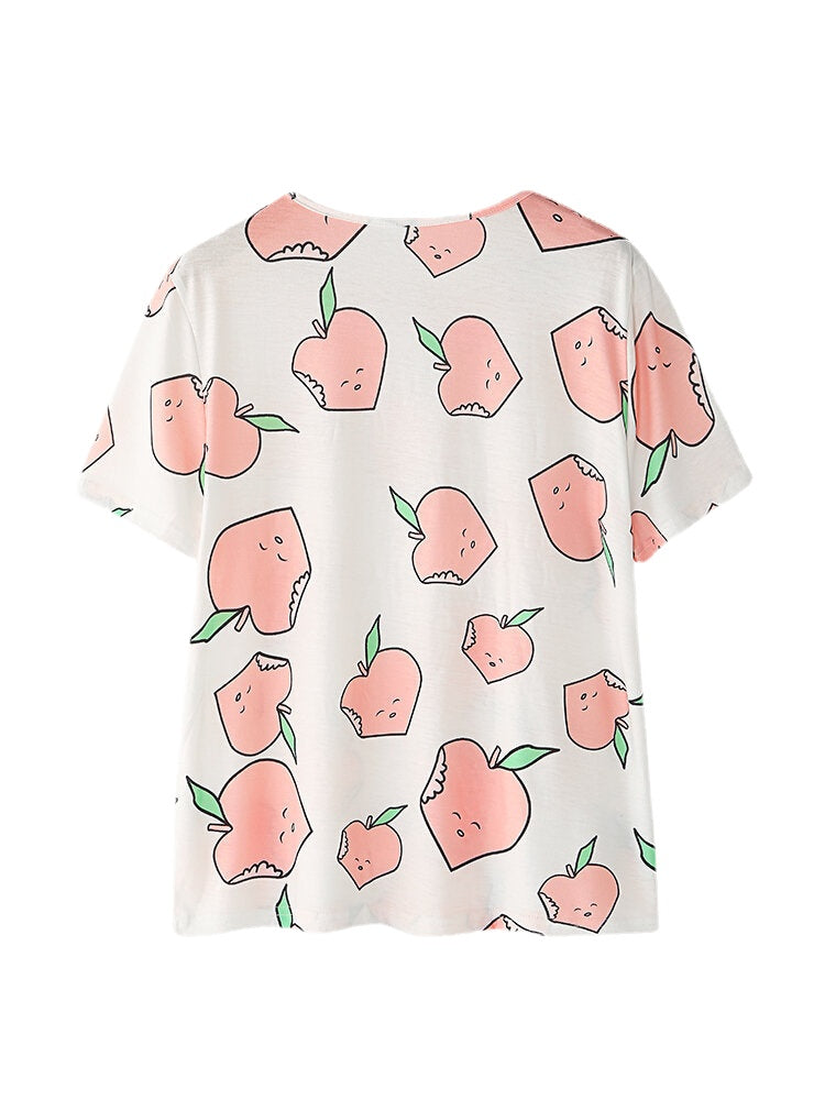 Women's Peach Print Pajama Set - Short Sleeve, Elastic Waist, Casual Homewear