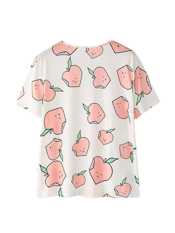 Women's Peach Print Pajama Set - Short Sleeve, Elastic Waist, Casual Homewear