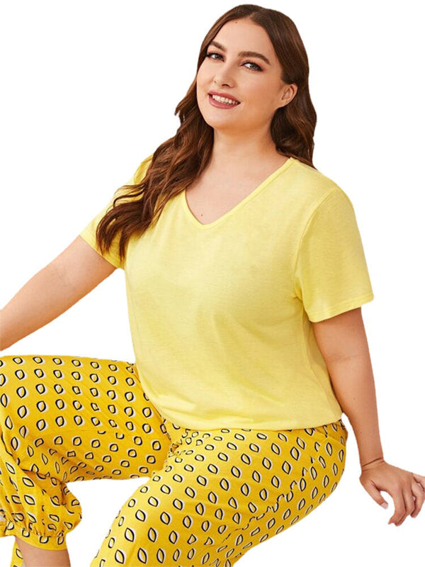 Plus Size V-Neck Top & Print Tie Pants Pajama Set for Women