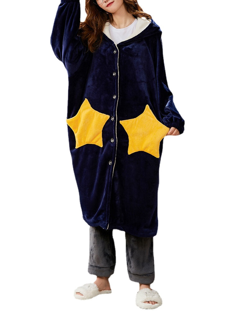 Women's Warm Hooded Coral Fleece Robe with Double Star Pockets