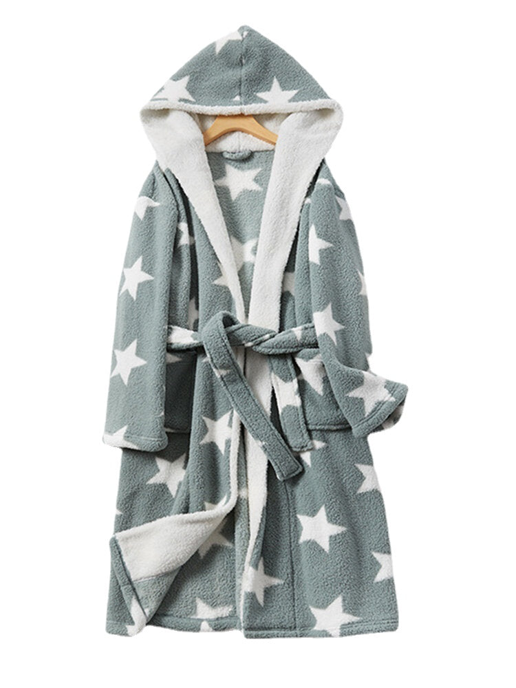 Women's Star Print Fleece Hooded Robe with Pockets - Warm & Cozy