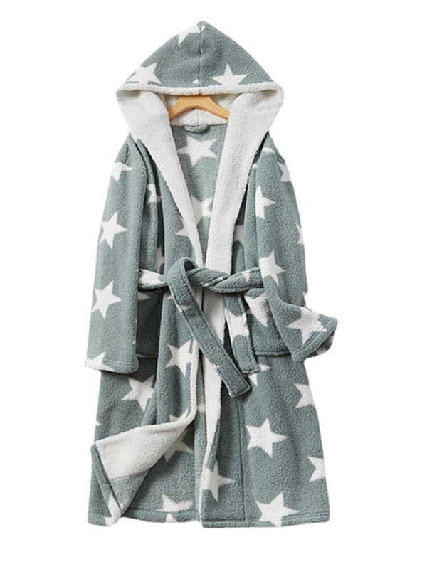 Women's Star Print Fleece Hooded Robe with Pockets - Warm & Cozy