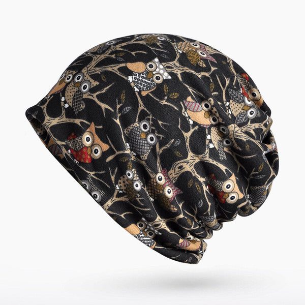 Women's Owl Pattern Slouchy Beanie Cap & Scarf, Multi-Function, Double Layer, Windproof, Warm Hat
