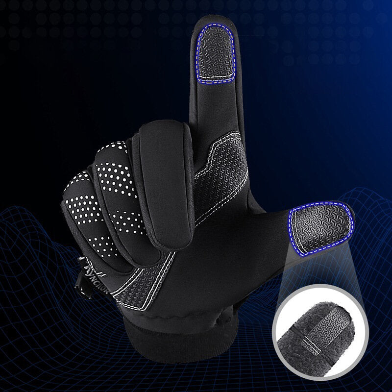Leather Bike Gloves Fleece Touchscreen Full Finger Sports Gloves Waterproof Windproof Skiing Hiking Outdoor Golves