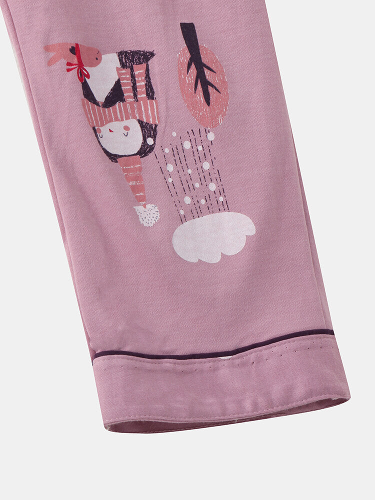 Women's Cartoon Print O-Neck Loose Pajama Set