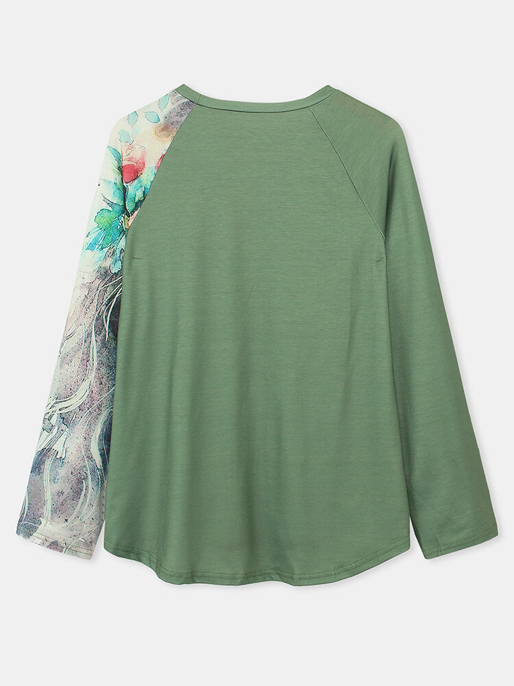 Women Figure Painting Print Patchwork O-Neck Casual Loose Long Sleeve T-Shirt Secondary image