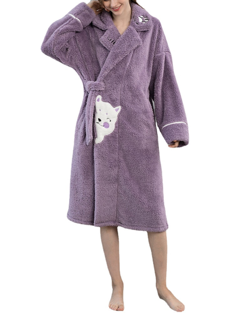 Women's Warm Plush Cat Pattern Sleepwear Robe with Pocket Main image
