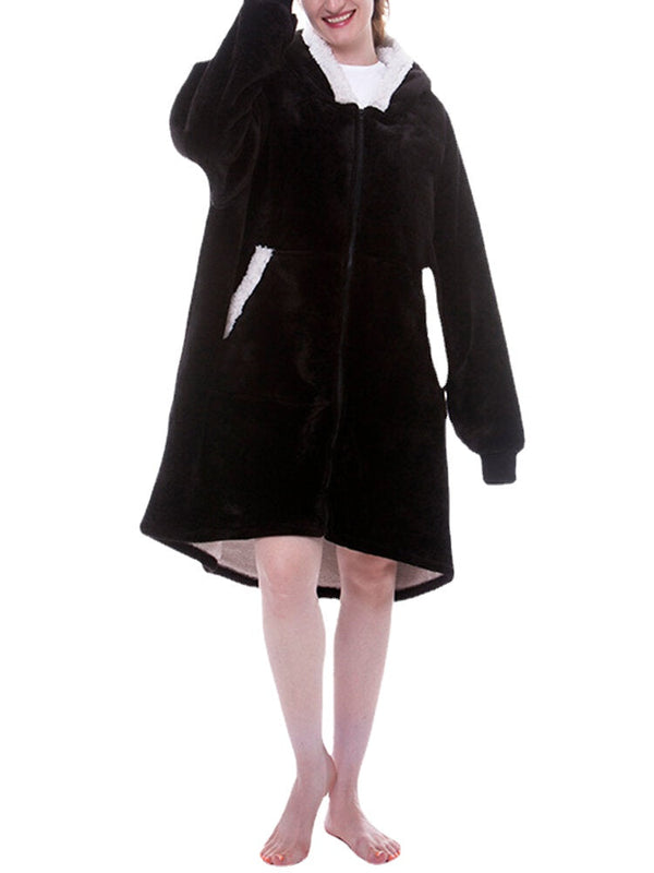 Women's Plush Oversized Blanket Hoodie with Zipper & Kangaroo Pocket - Warm Sleepwear Robe