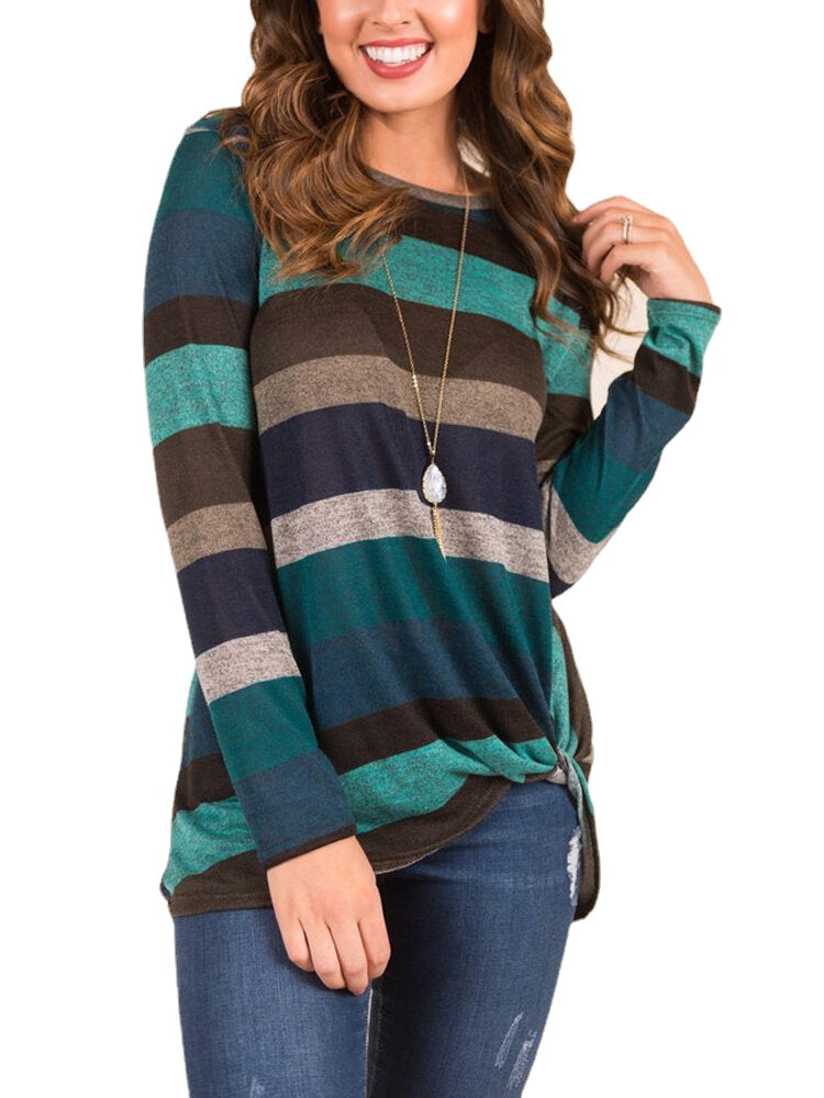 Women Multi-Color Striped O-Neck Twist Hem Long Sleeve T-Shirt