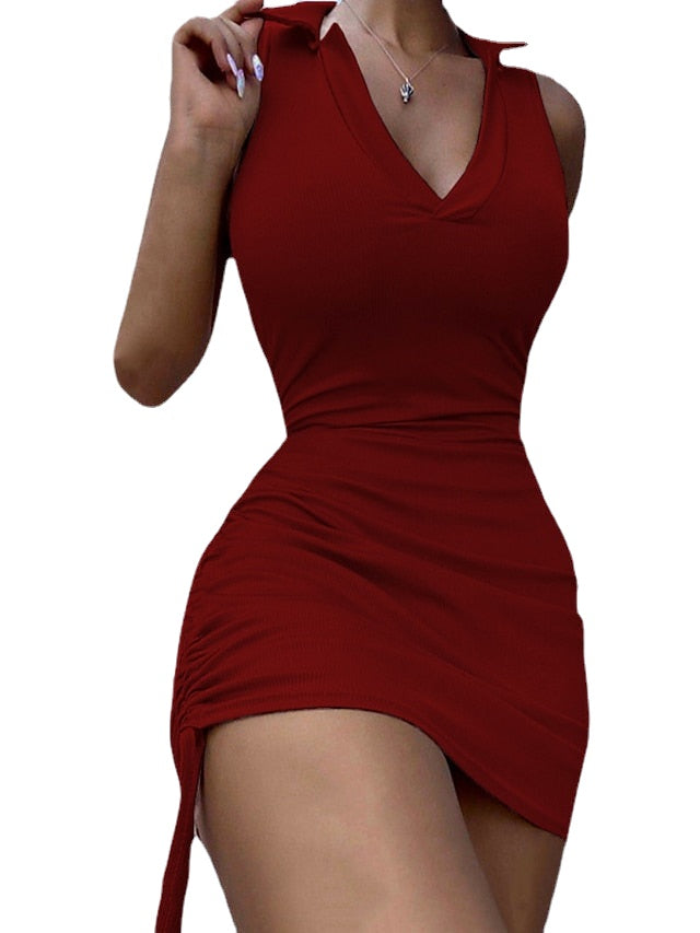 Stylish Women's Pure Color Lace up V Neck Weekend Holiday Sheath Sleeveless Dress Main image