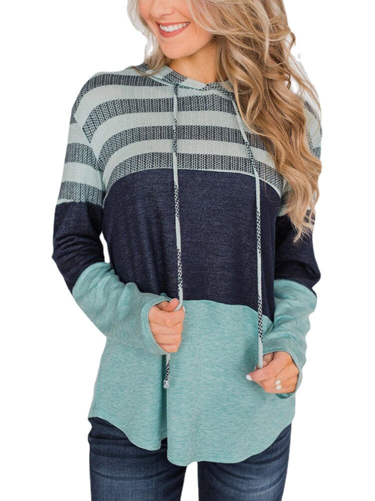 Women Christmas Elk Stripe Patchwork Casual Long Sleeve Drawstring Hoodies