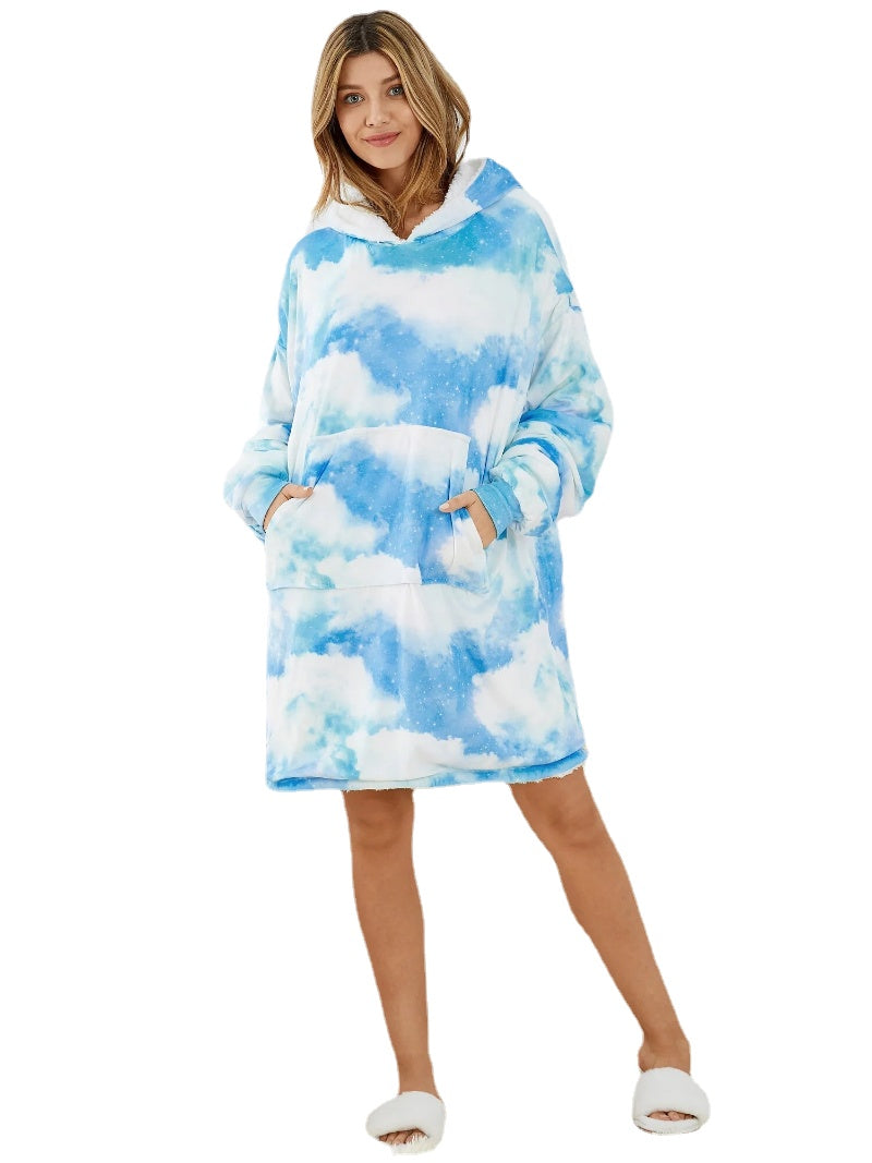Women's Reversible Sky Print Blanket Hoodie with Pouch Pocket - Warm, Oversized Homewear