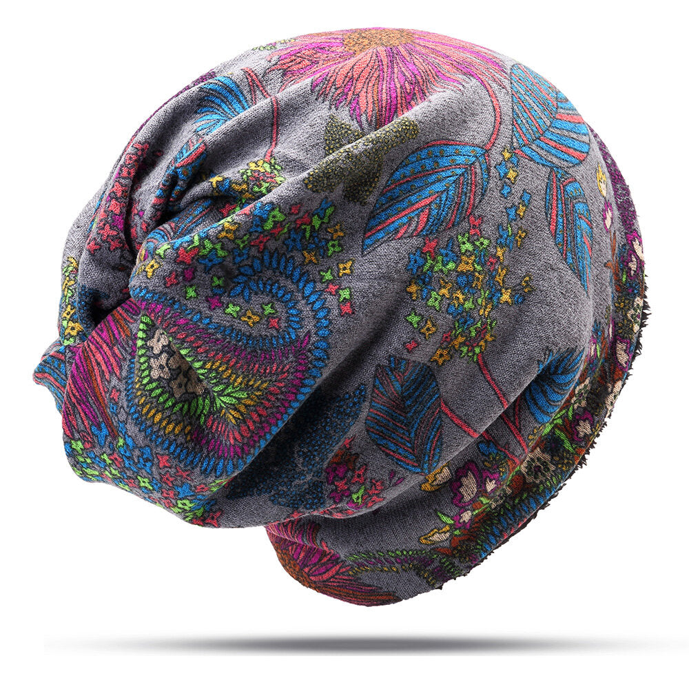Women Warm Plus Velvet Thicken Beanie Hat Collar Cashmere Fashion Painting Hat Main image