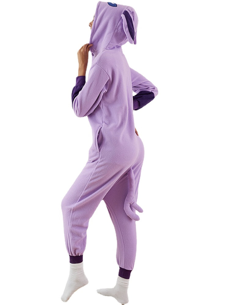 Women Cute Anime Elves Graphics Fleece One Piece Home Hooded Jumpsuit Cozy Homewear