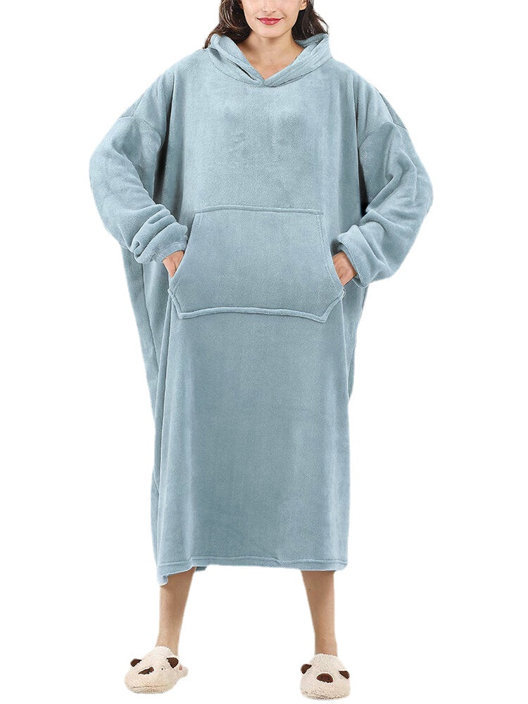 Women's Fluffy Flannel Wearable Blanket Hoodie with Kangaroo Pocket - Warm & Oversized