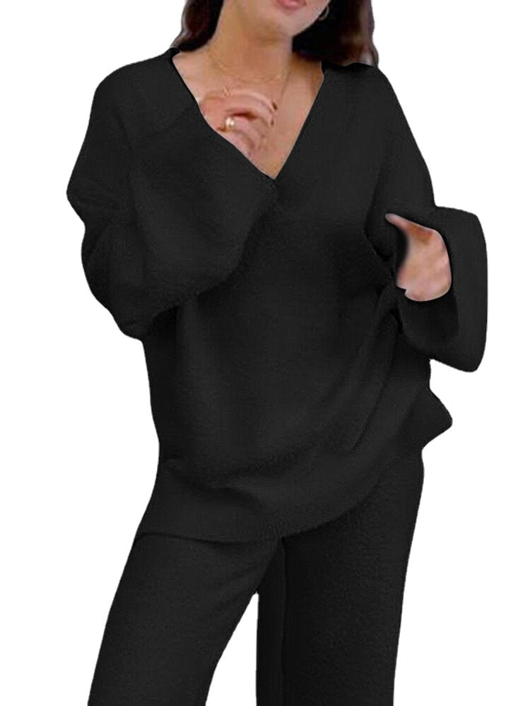 Solid Loose Elastic Waist Long Sleeve Homewear Two Pieces Set Secondary image