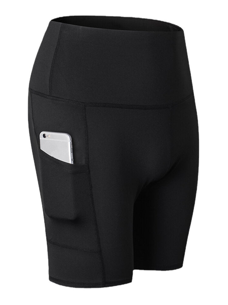 Women Solid Color Quick Dry Yoga Sport High Elastic Shorts With Side Pocket