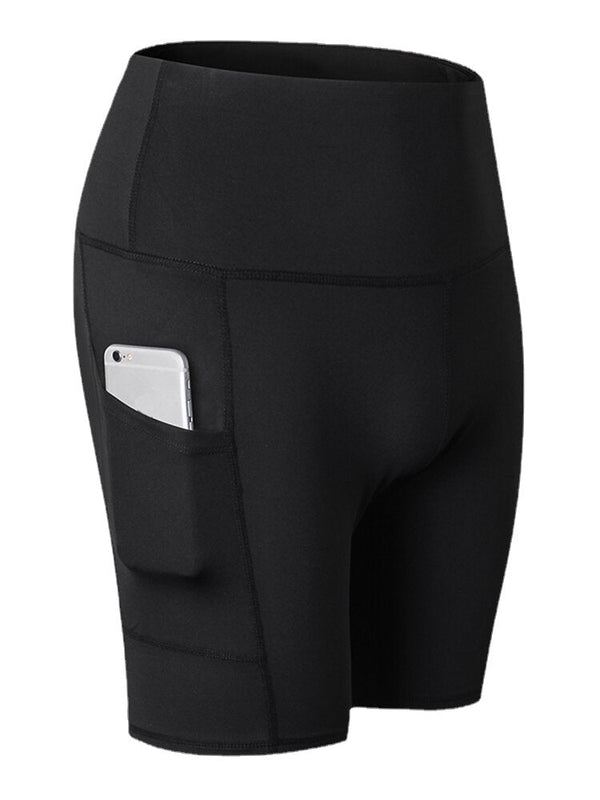 Women Solid Color Quick Dry Yoga Sport High Elastic Shorts With Side Pocket