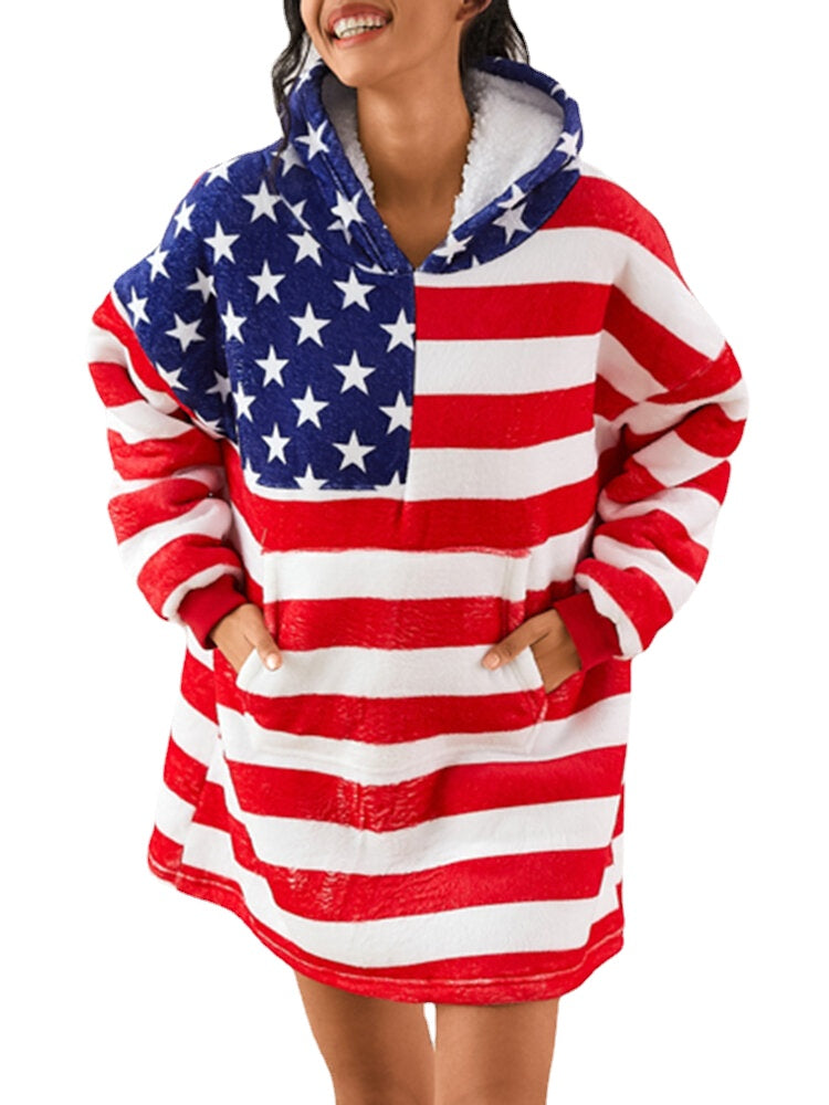 Women American Flag Graphics Fleece Lined Blanket Hoodie Cozy Thicken Warm Robe With Pocket Main image