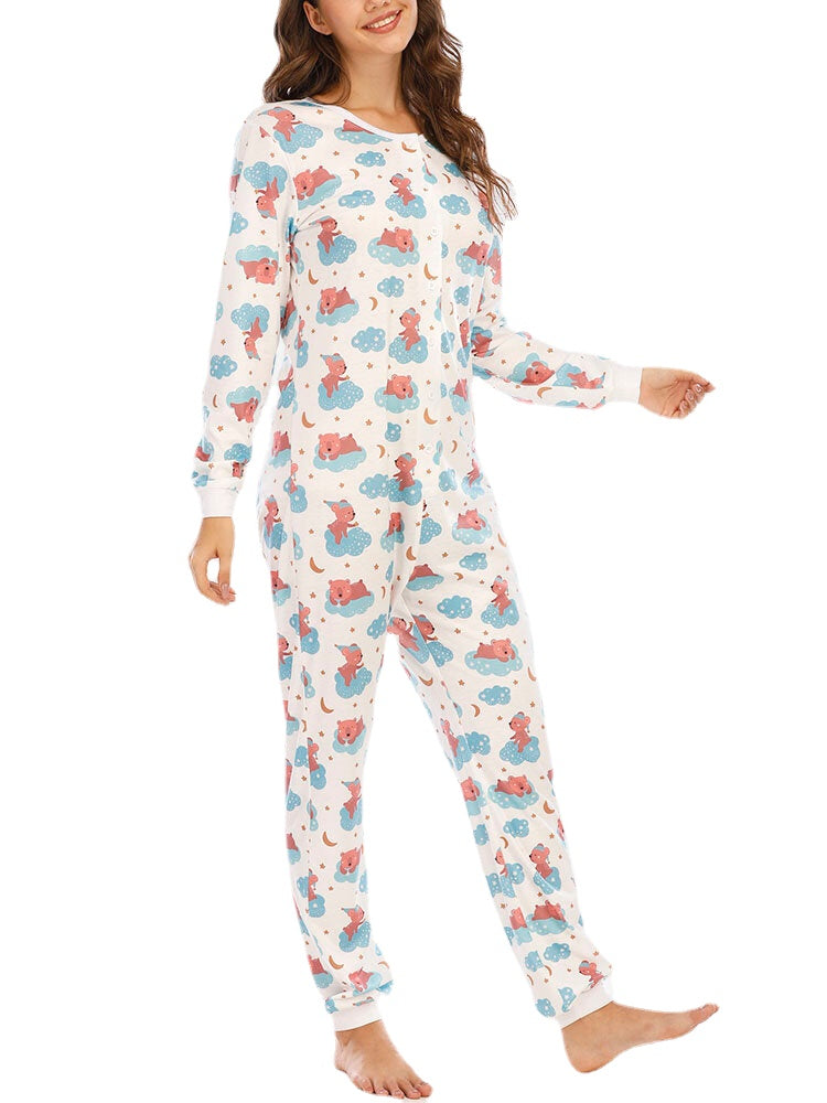 Plus Size Women Cute Cartoon Bear Print Round Neck Long Sleeve Half Button Home Sleepwear Rompers