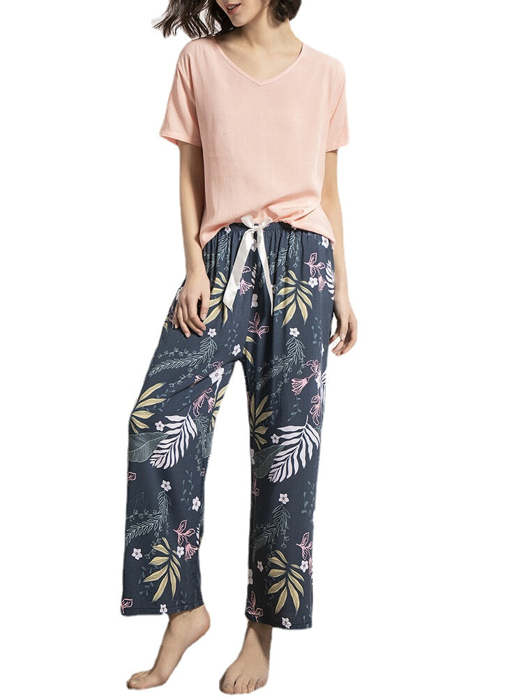 Women's Tropical Floral Pajama Set - Short Sleeve Top & Wide Leg Pants