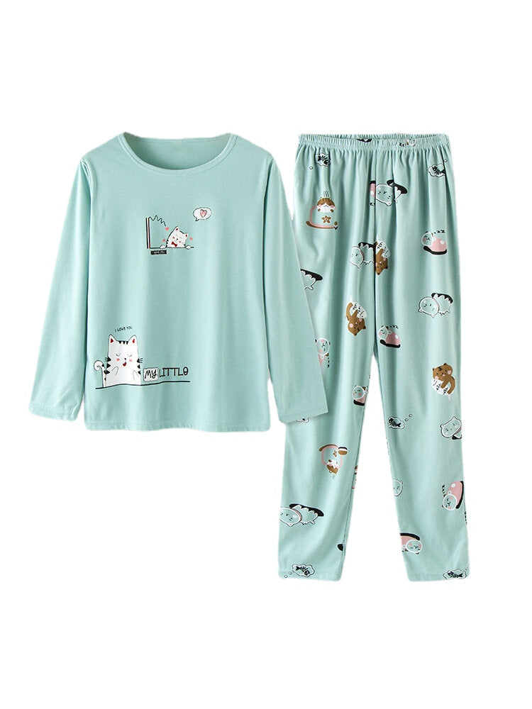Women's Cartoon Animal Print Pajama Set with Pockets & Elastic Waist, Long Sleeve