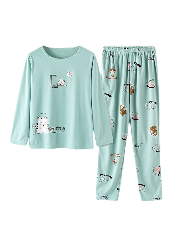 Women's Cartoon Animal Print Pajama Set with Pockets & Elastic Waist, Long Sleeve