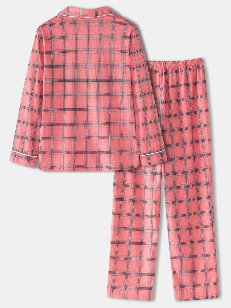 Women's Plaid Revere Collar Shirt & Elastic Waist Pants Pajama Set Secondary image