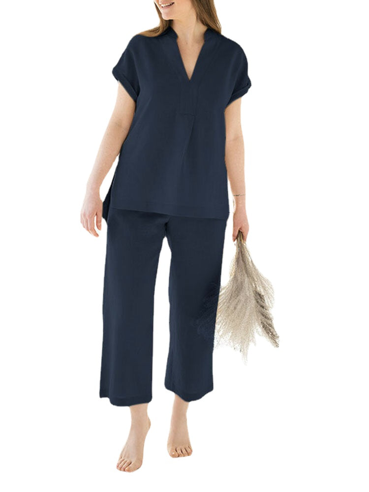 Leisure Solid Split Elastic Waist Short Sleeve Cotton Suit