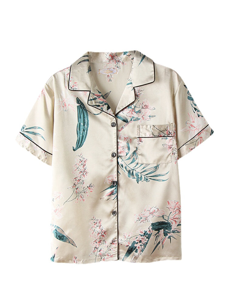 Plus Size Women's Plant Print Silk Pajama Set - Revere Collar, Short Sleeve, Loose Fit