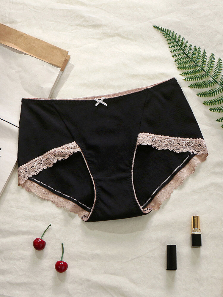 Plus Size Women's Ribbed Lace Trim Bow Cotton Panties - Cozy & Comfortable