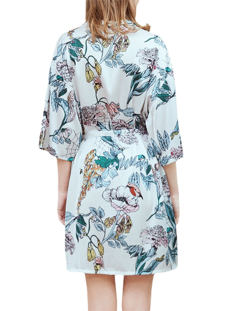Plus Size Floral Print Half Sleeve Faux Silk Sleepwear Robe for Women