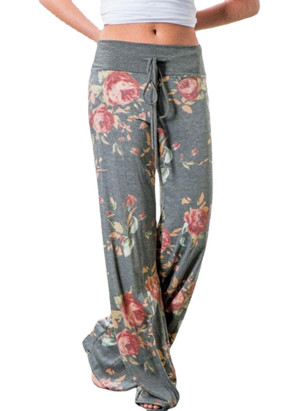 Women Plus Size Flowers Print Drawstring Waist Loose Home Casual Pajamas Pants