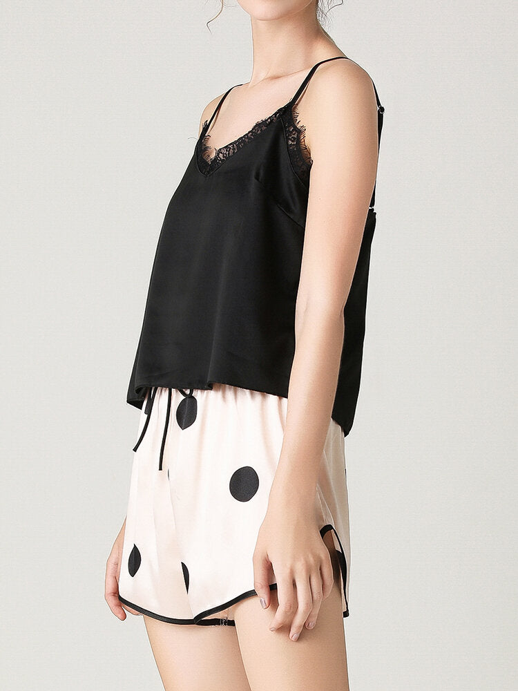 Women's Black Lace V-Neck Pajama Set - Sleeveless Vest & Polka Dot Shorts Secondary image