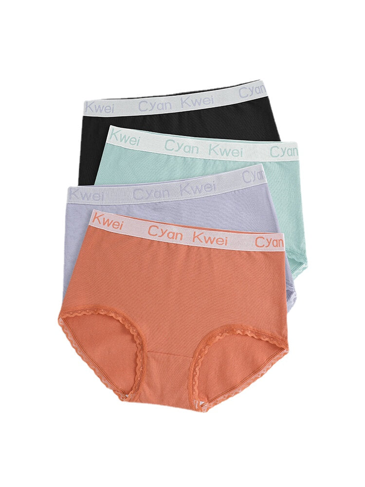 Women's Cotton Lace Trim Panties with Letter Waistband - Solid Color, Cozy Lining Main image