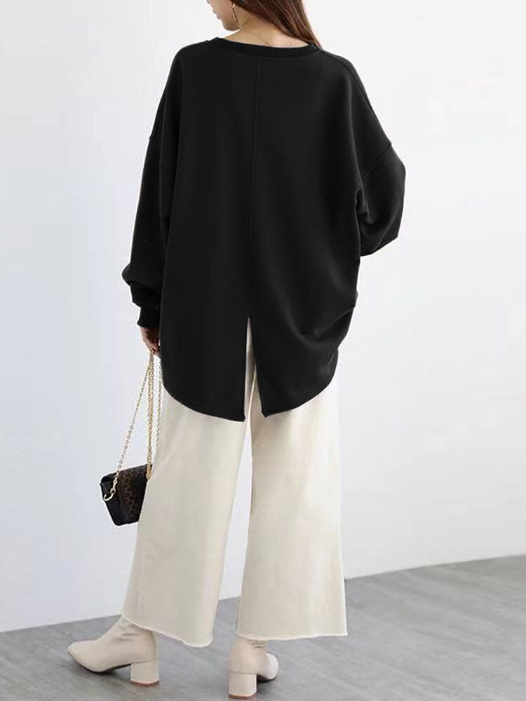 Women Loose Thick Back Fork High Low Solid Casual Pullover Sweatshirt Secondary image