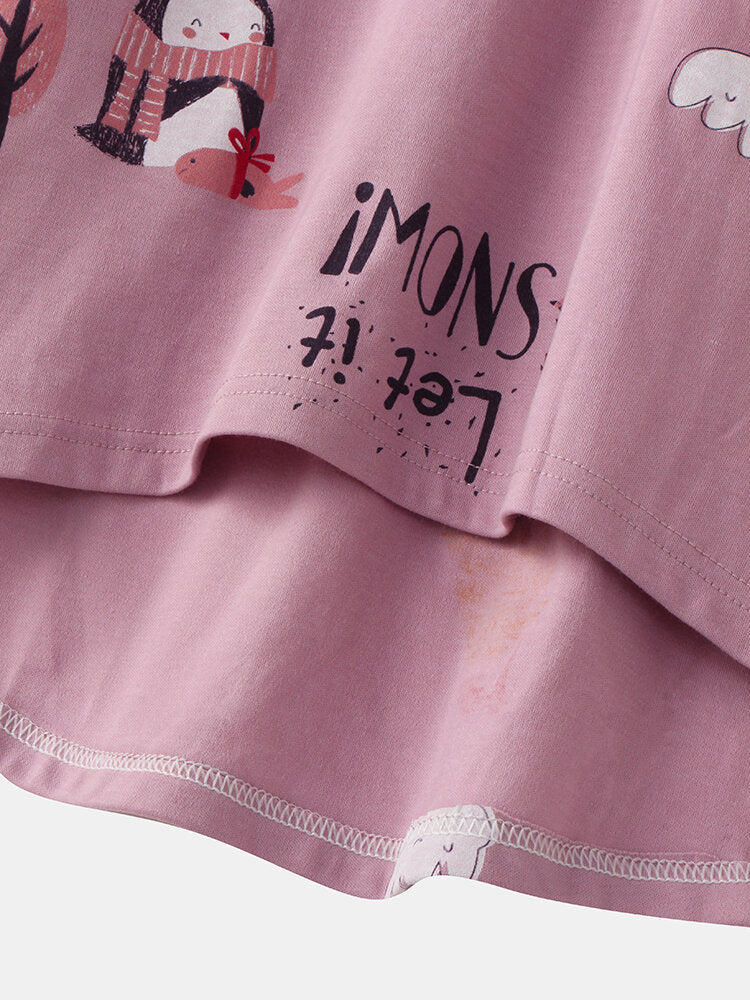 Women's Cartoon Print O-Neck Loose Pajama Set