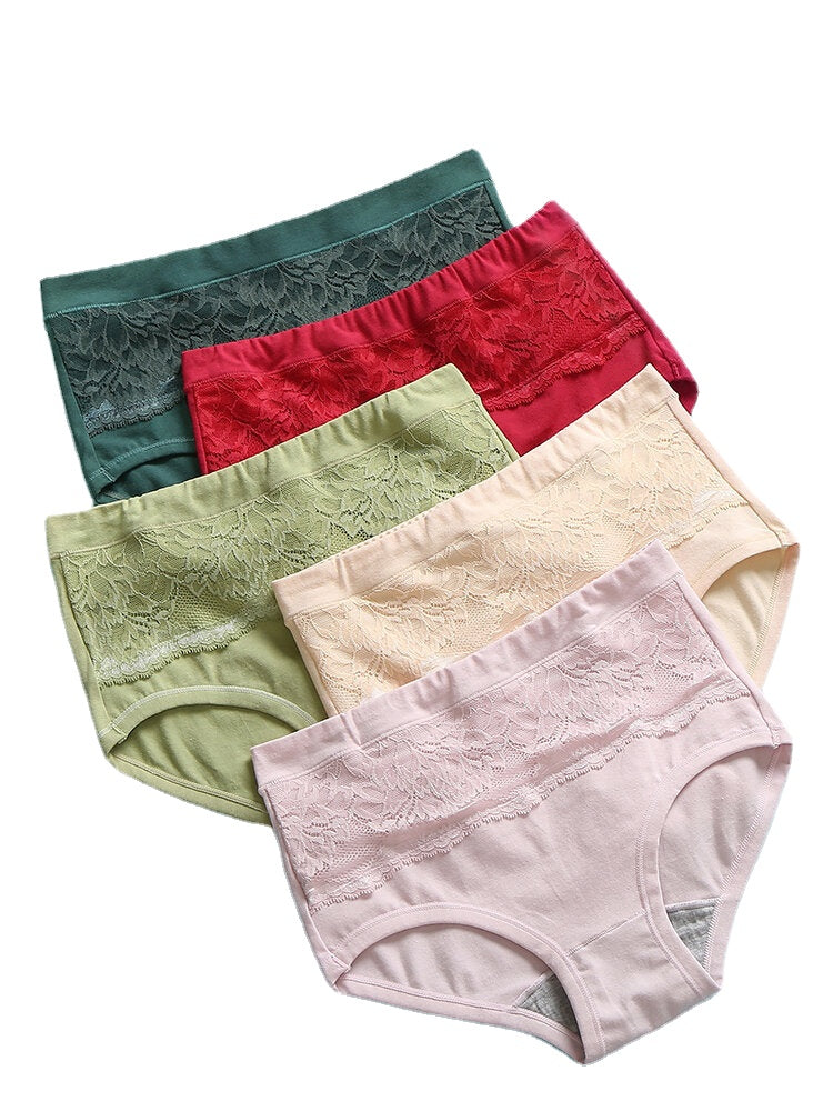 Women's Multi-Color Lace Cotton Mid Waist Breathable Antibacterial Panties