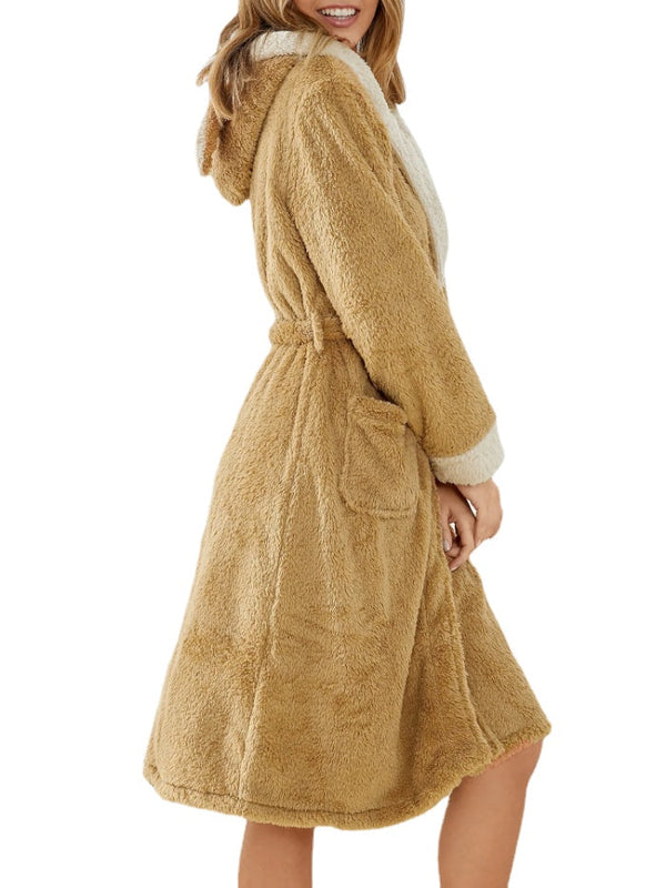 Women's Cute Rabbit Ear Fleece Hooded Robe - Warm, Loose, Lace-Up