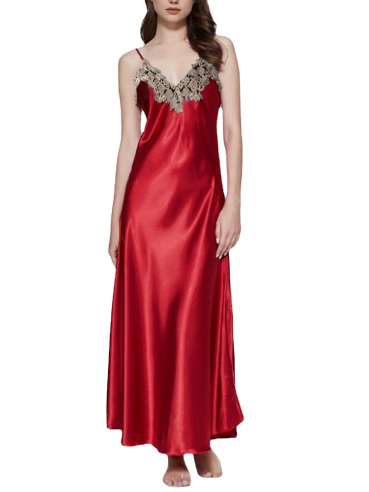 Women's Lace Satin V-Neck Sleeveless Nightgown Dress Main image