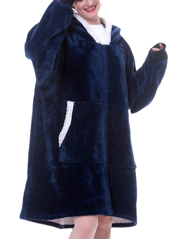 Women's Plush Oversized Blanket Hoodie with Zipper & Kangaroo Pocket - Warm Sleepwear Robe