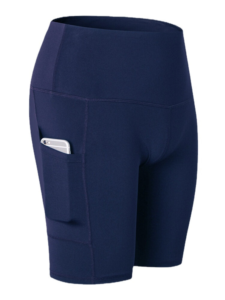 Women Solid Color Quick Dry Yoga Sport High Elastic Shorts With Side Pocket