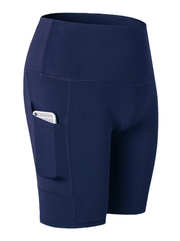 Women Solid Color Quick Dry Yoga Sport High Elastic Shorts With Side Pocket