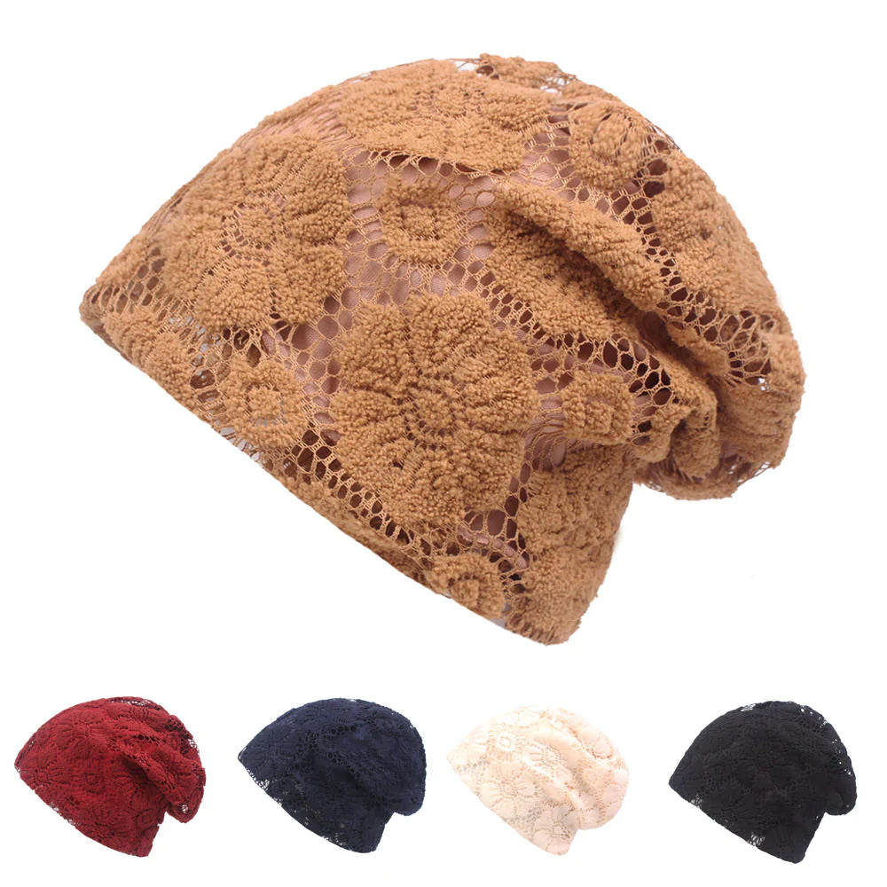 Women Flowers Lace Breathable Beanie Hat Comfortable Soild Color Sunshade Hat Main image