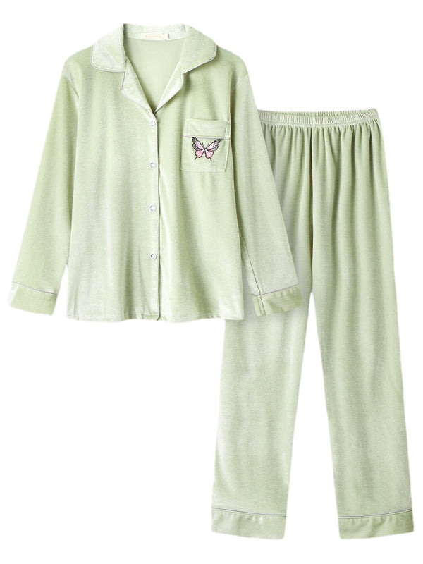 Women's Butterfly Embroidery Pajama Set: Velvet Shirt & Elastic Waist Pants