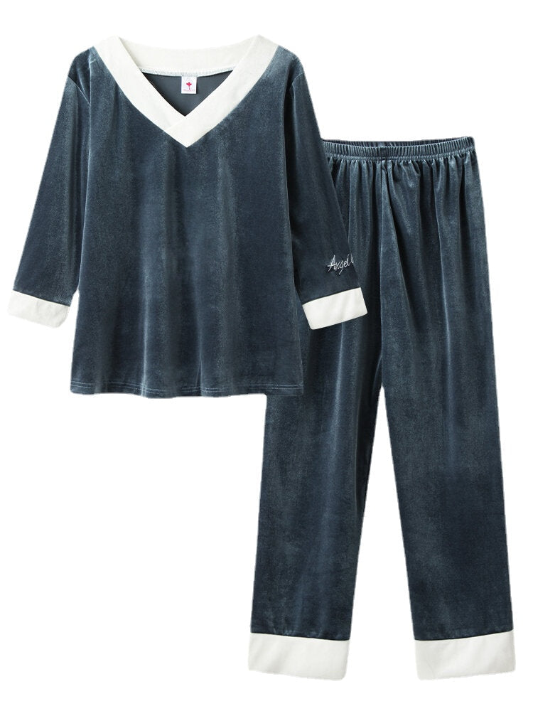 Women's Cozy Velour Pajama Set with Contrast V-Neck & Embroidered Cuffs